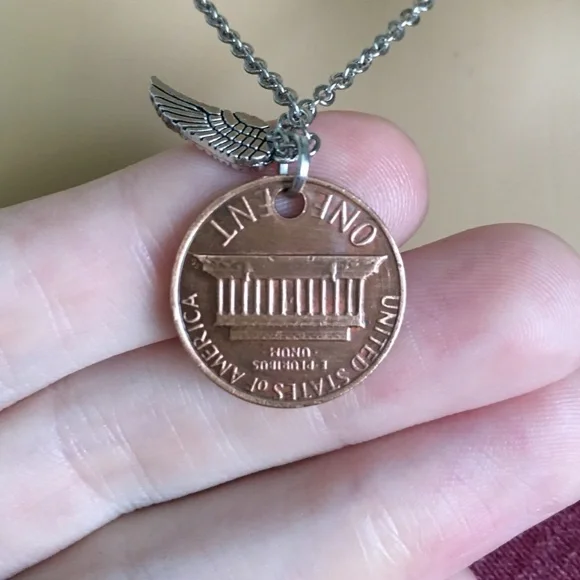 1959-1969 Lucky Penny Necklace Angel Wing Memorial Stainless Steel Coin Money - Picture 8 of 11